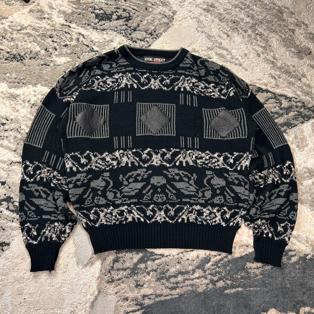 Hyde Street Sweater‎ Vintage Sz XL Black Gray Geometric Genuine Leather Trim